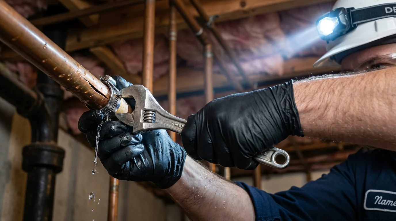 Emergency pipe clamp repair being performed by a Johns Plumbing LLC plumber in Crow Agency