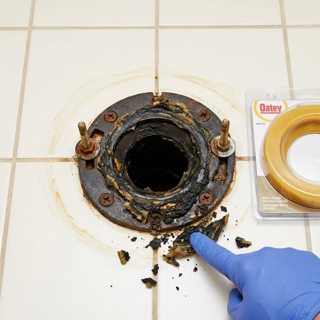 Failed wax ring showing water seepage at the base of a toilet in a Crow Agency, MT home